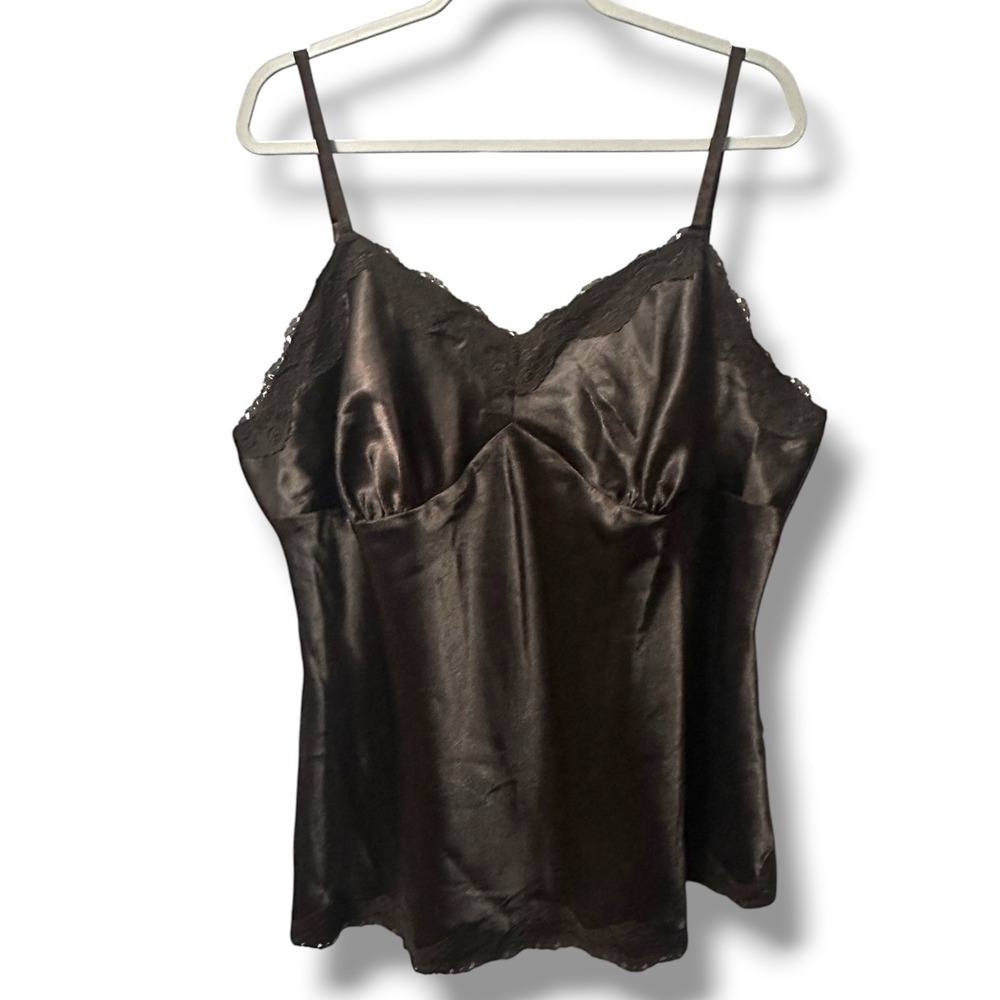 Vtg Aqua Blues Brown Satin Lace Trim Camisole Top Size 2X Y2K Coquette Lingerie